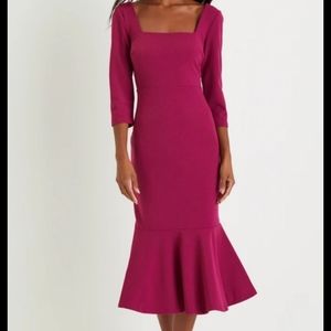 (S) Midi Trumpet Dress - three quarter sleeve -  plunging back - Magenta - NWT